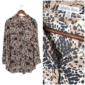 Ophelia Roe Leopard Button Up Blouse Women 2X High Low Tunic Animal Print